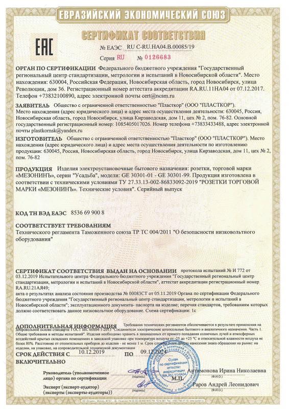 Сертификат на розетки Мезонин 